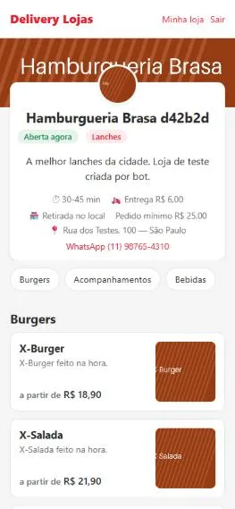 Cardápio da loja no celular