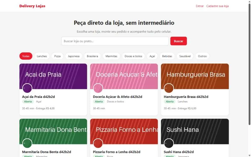 Vitrine de lojas do sistema de delivery